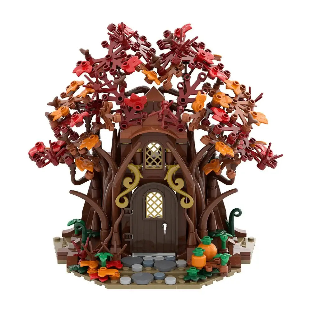 Détail lego moc maison d’elfes forêt automne avec porte bois marron et feuilles rouges orange et brunes