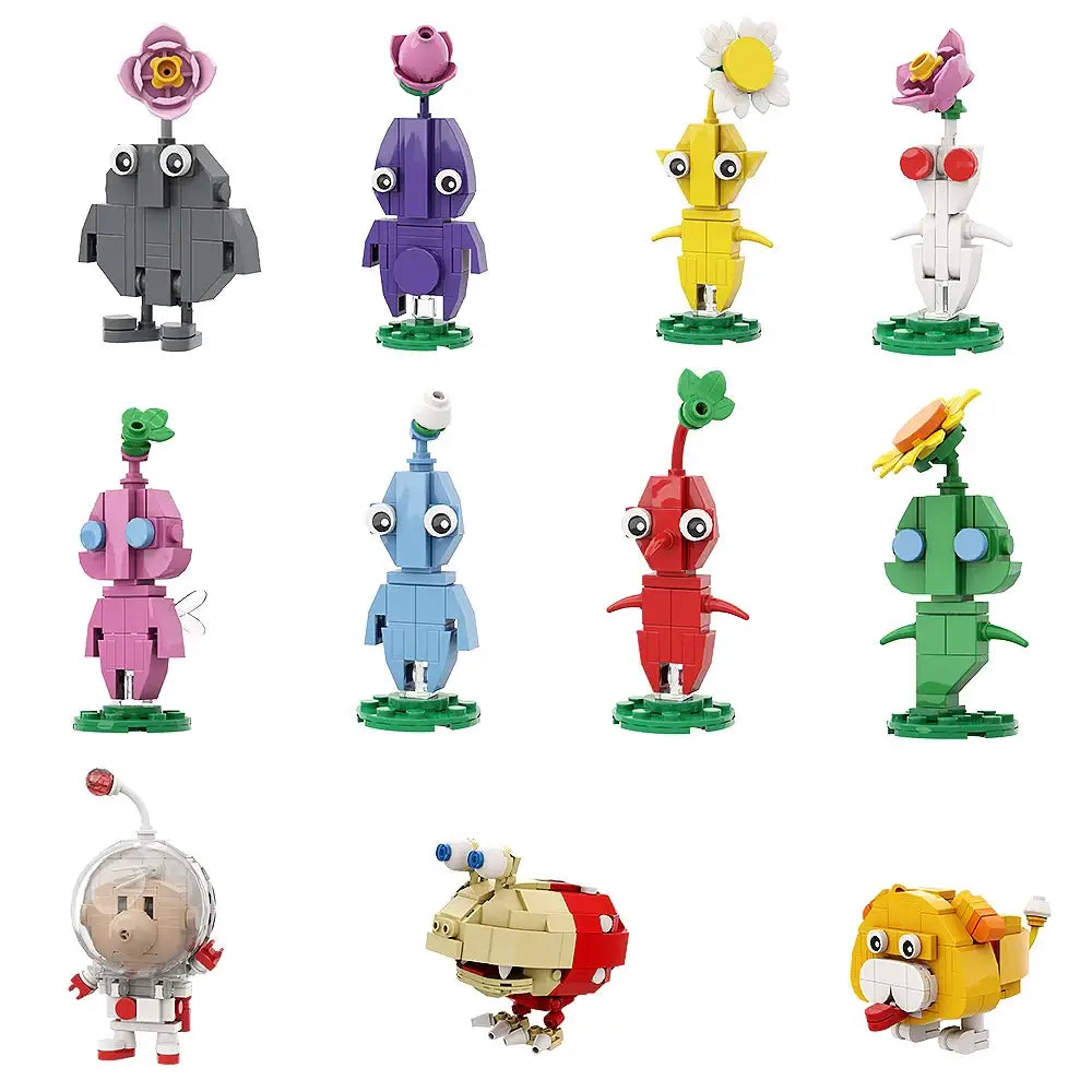 Une collection de figurines lego moc pikmin colorées et cubiques représentant lego pikmin olimar en diverses teintes