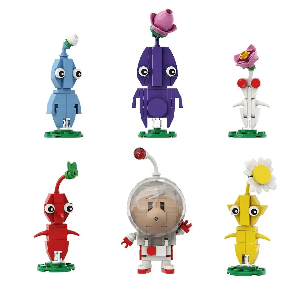 Ensemble de six figurines moc lego pikmin colorées avec des détails uniques dans le set lego pikmin olimar