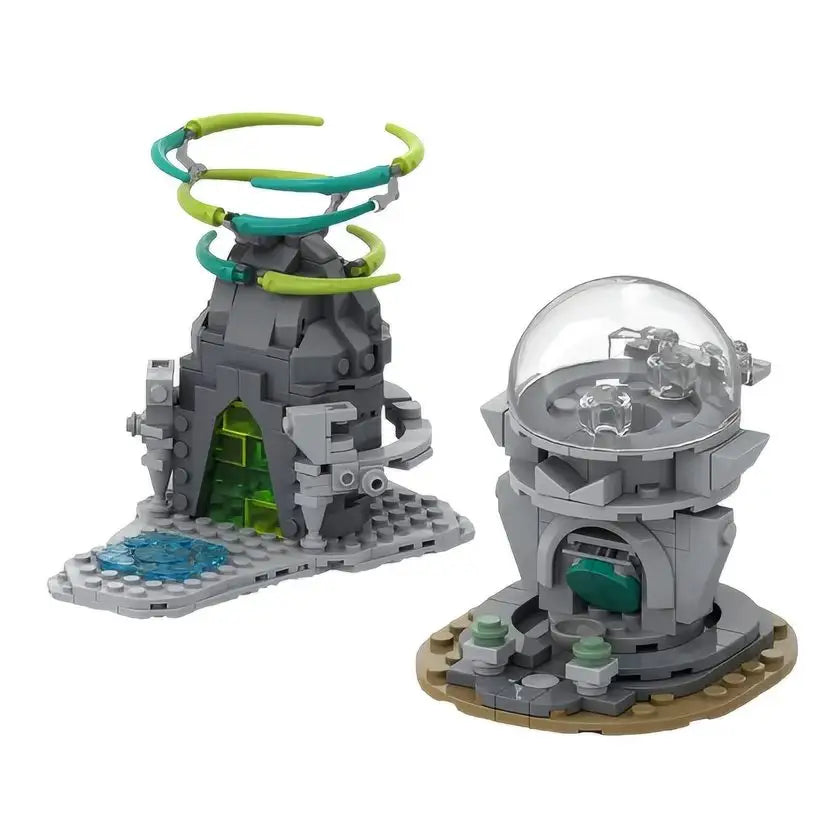 Lego moc sanctuaires zelda totk montrant une structure rocheuse grise avec anneaux spiraux verts et capsule transparente tan