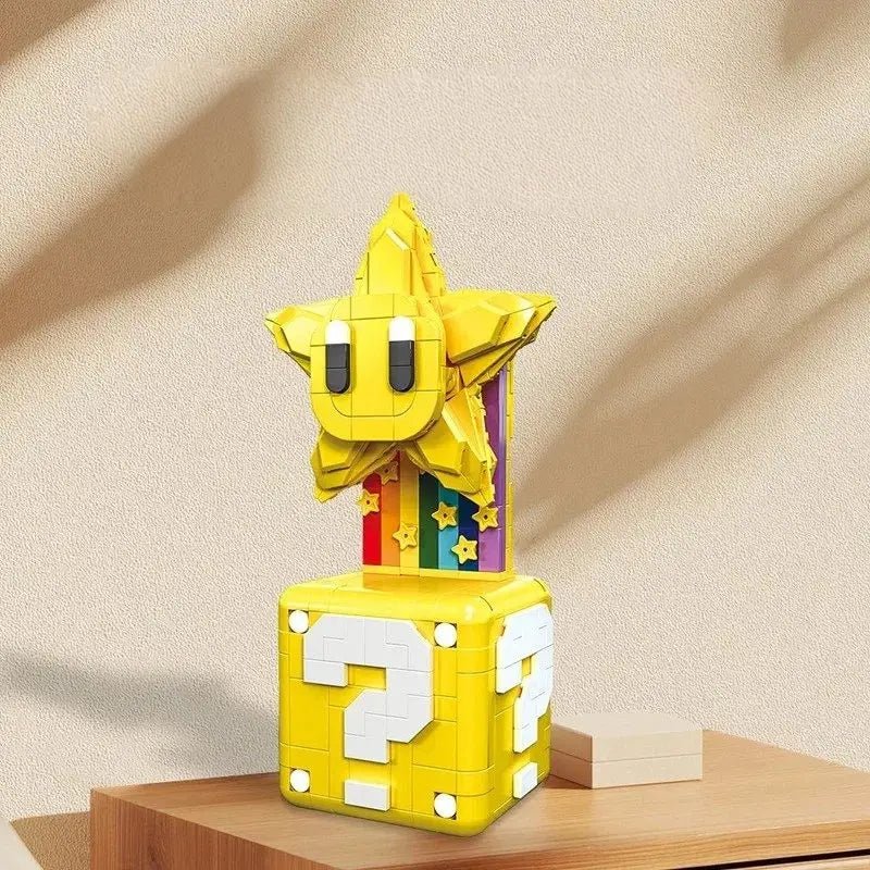 Une figurine lego moc super mario super étoile starman jaune vif perchée sur un bloc point dinterrogation avec étoiles arc-en-ciel