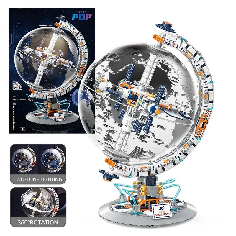 Modèle lego moc technic globe terrestre transparent avec station spatiale et satellite en briques assemblées