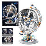 Modèle lego moc technic globe terrestre transparent avec station spatiale et satellite en briques assemblées