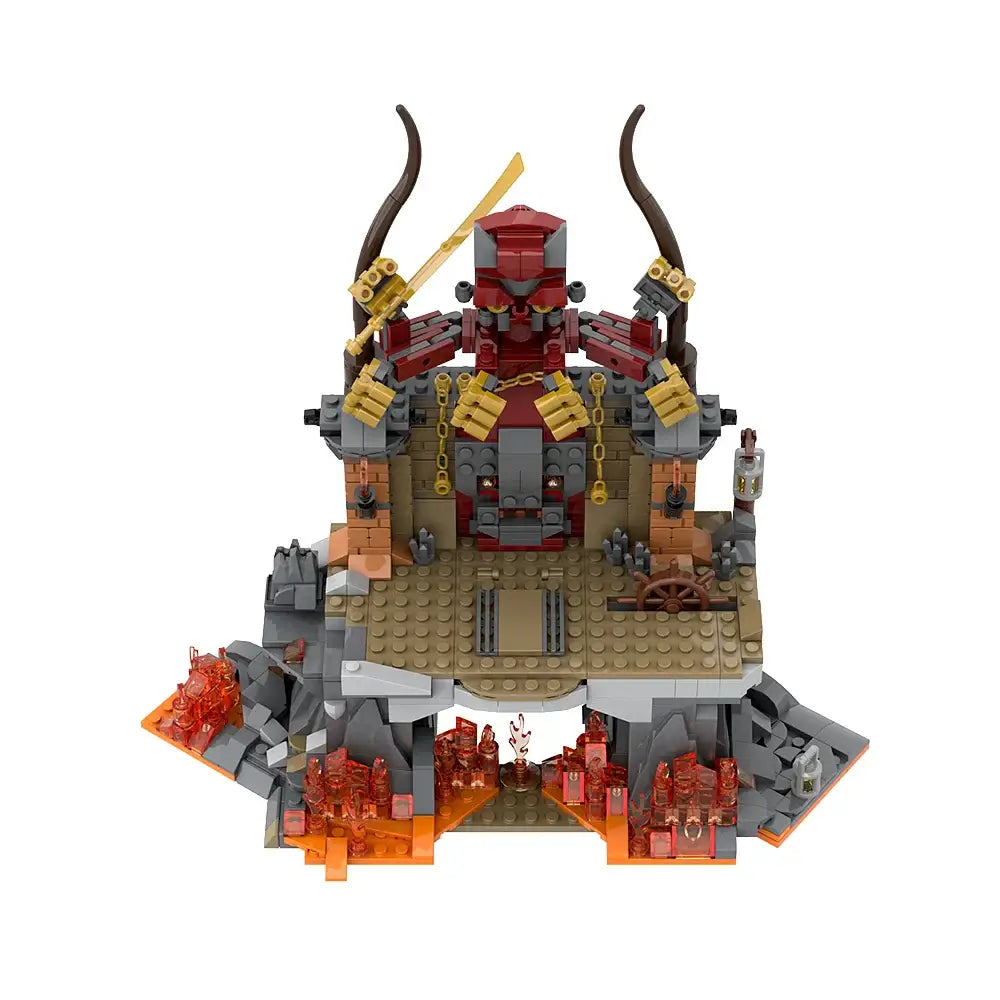 Lego moc indiana jones temple maudit avec figurine rouge et or ninjago sur forteresse rocheuse et lave orange