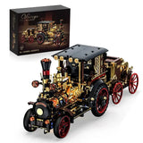 Modèle lego moc voiture vapeur mécanique vintage avec détails métalliques noirs et or roues rouges et moteur en laiton décoratif