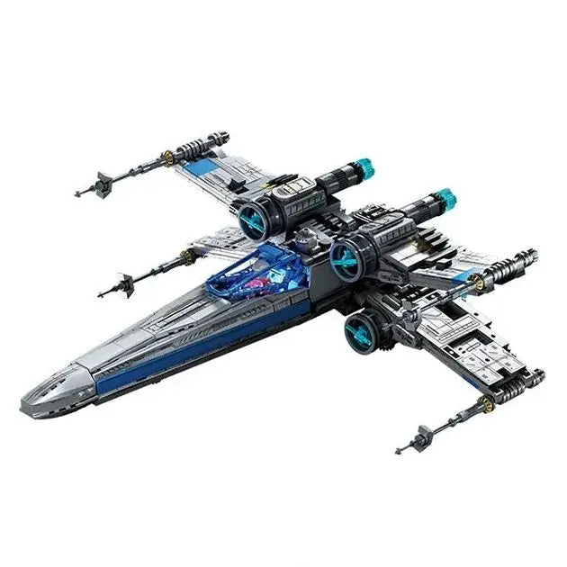 Lego moc x-wing space fighter star wars bleu et argent avec particules lumineuses translucides en engine parts
