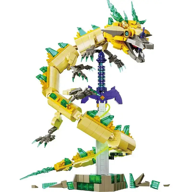 Moc lego zelda présentant un dragon mécanique jaune et vert avec une épée violette lego zelda épée intégrée au dos