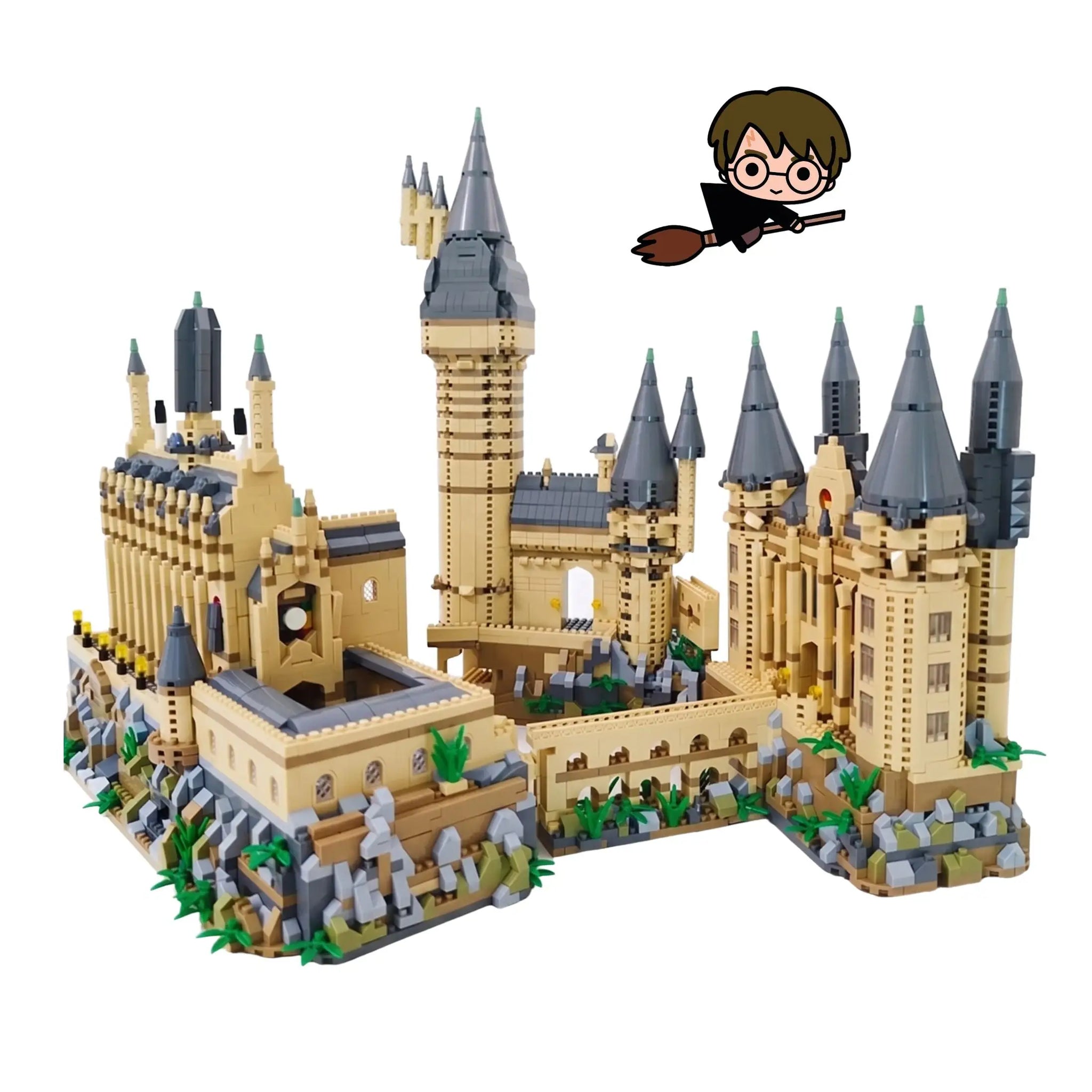 Lego mog château de poudlard en beige et gris avec tours détaillées et verdure idéal pour magasins de jouets et déguisement carnaval