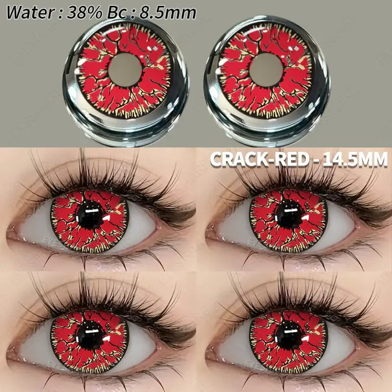 Lentilles colorées halloween crack-red avec motifs rouges et or en boîte claire lentilles colorées fantaisie