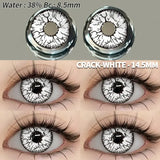 Lentilles colorées halloween crack-white avec motif noir craquelé sur base blanche et pupille centrale sombre