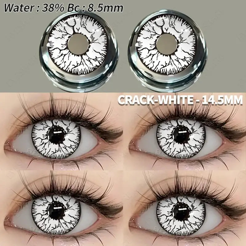 Lentilles colorées halloween crack-white avec motif noir craquelé sur base blanche et pupille centrale sombre