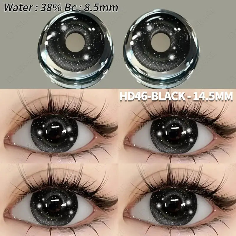 Lentilles colorées halloween hd46 noir 14,5mm design nuit étoilée 38 pour cent eau courbe 8,5mm confortable