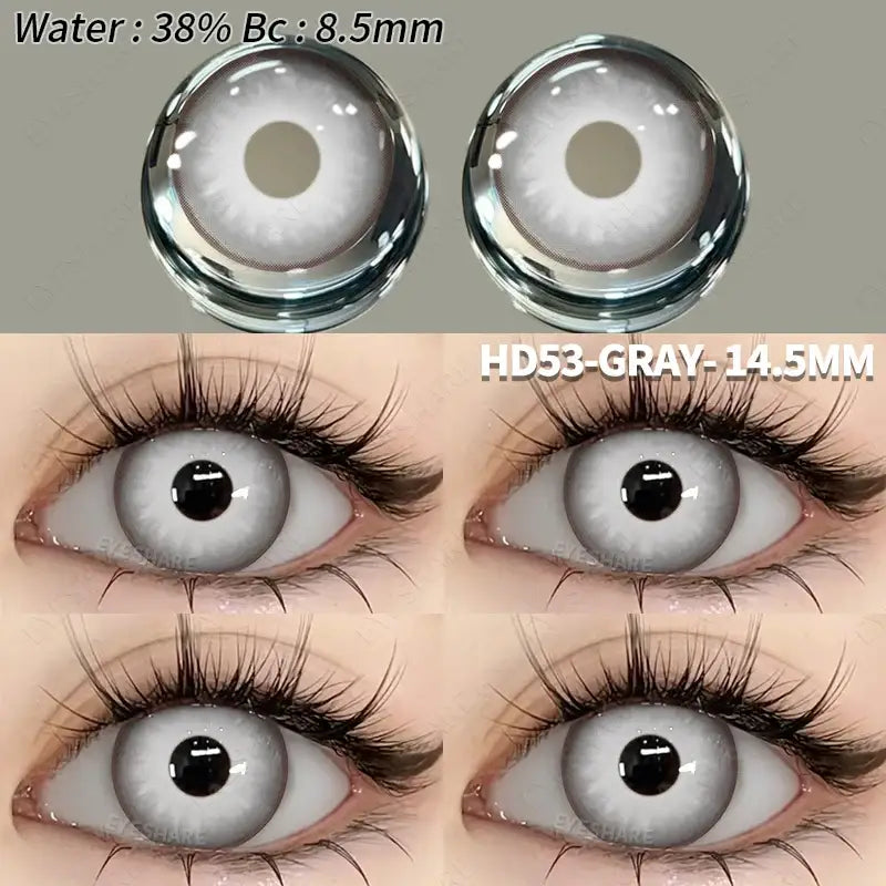 Lentilles colorées halloween modèle hd53-gray-14.5mm gris avec dégradé subtil et centre transparent pour un regard fantaisie