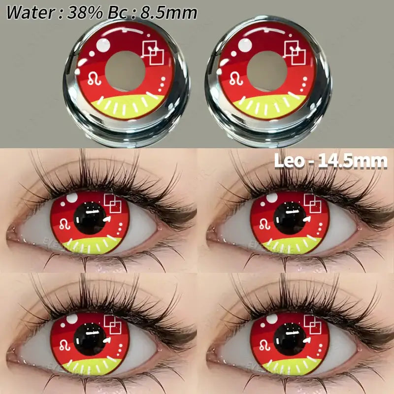 Lentilles colorées halloween rouge et jaune à motif léo avec design brillant et transparent pour un effet fantaisie