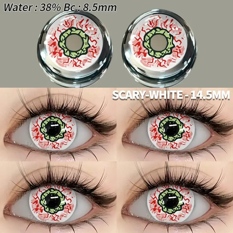 Lentilles colorées halloween scary-white 14.5mm vertes et rouges avec pupille noire pour effets fantaisie