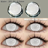 Lentilles colorées halloween blanc mesh à motif quadrillé en packaging et portées sur lœil pour un effet fantaisie