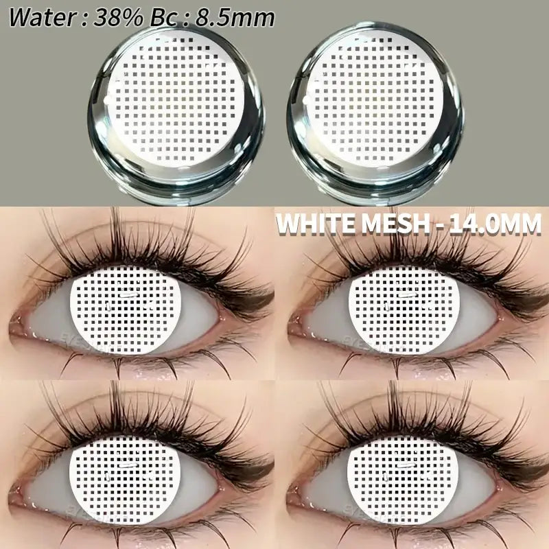 Lentilles colorées halloween blanc mesh à motif quadrillé en packaging et portées sur lœil pour un effet fantaisie