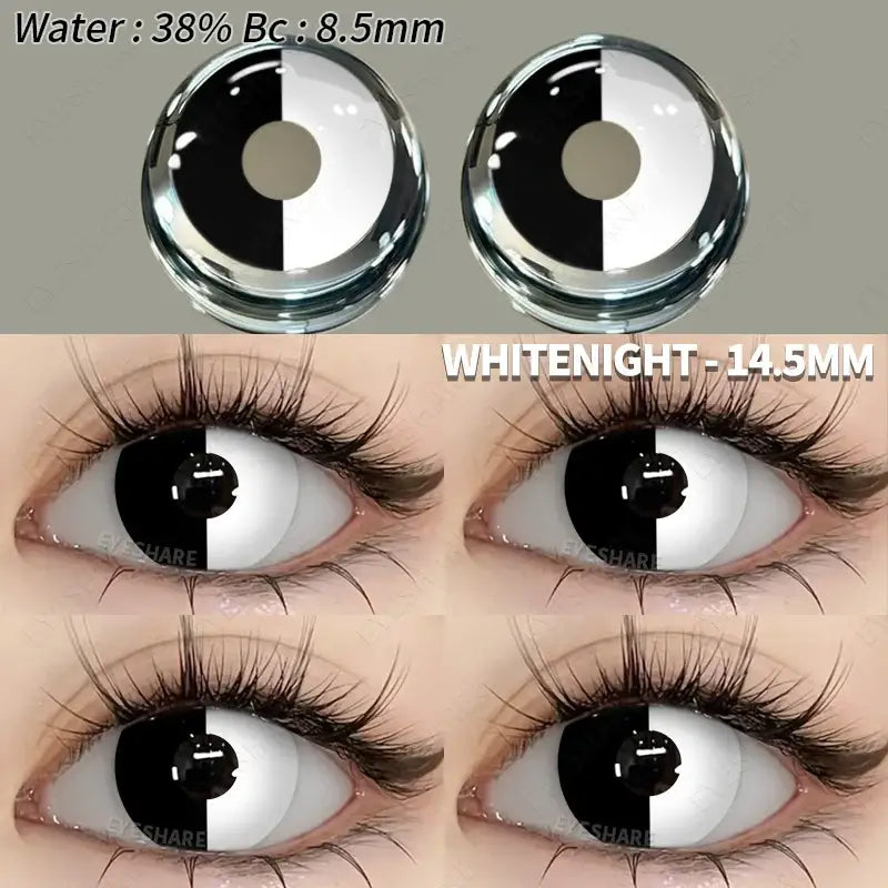 Lentilles colorées halloween noires et blanches à effet demi-ton avec surface miroir brillante pour un look fantaisie