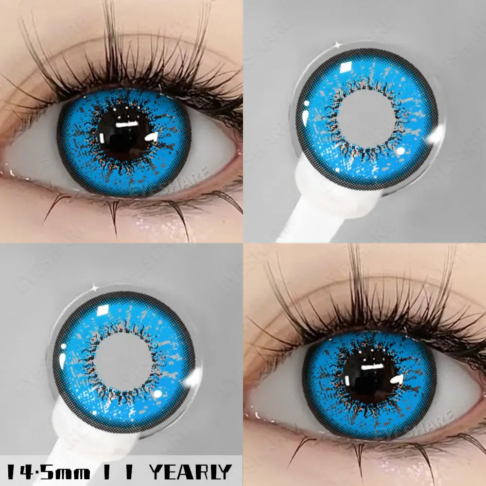Lentilles halloween couleurs nebula avec motif étoilé scintillant bleu vif et design central noir pour contact colorées eyeshare