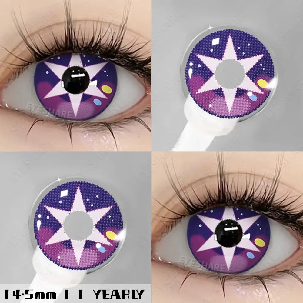 Lentilles halloween couleurs nébuleuses sublimez lentilles colorées 14.5mm motifs étoiles couleur violet blanc avec points multicolores