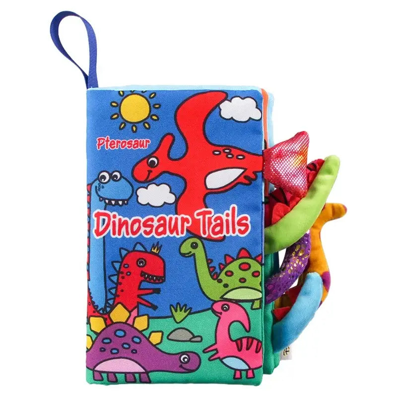 Livre montessori tactile pour tout-petits avec illustrations colorées et queues de dinosaure en tissu rouge vert rose violet
