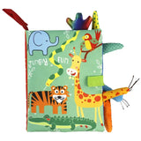 Livre montessori tactile en tissu vert clair avec illustrations colorées et animaux jungle en relief pour tout-petits