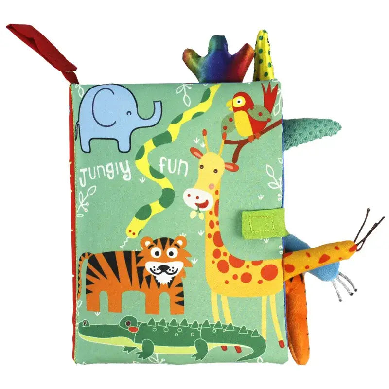 Livre montessori tactile en tissu vert clair avec illustrations colorées et animaux jungle en relief pour tout-petits