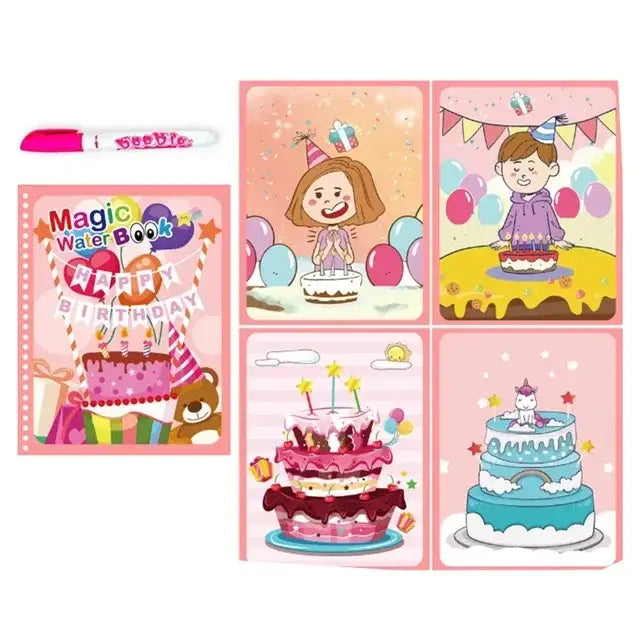 Livre magique coloriage rose avec illustrations d anniversaire et stylo à remplir pour coloriage à l eau enfants