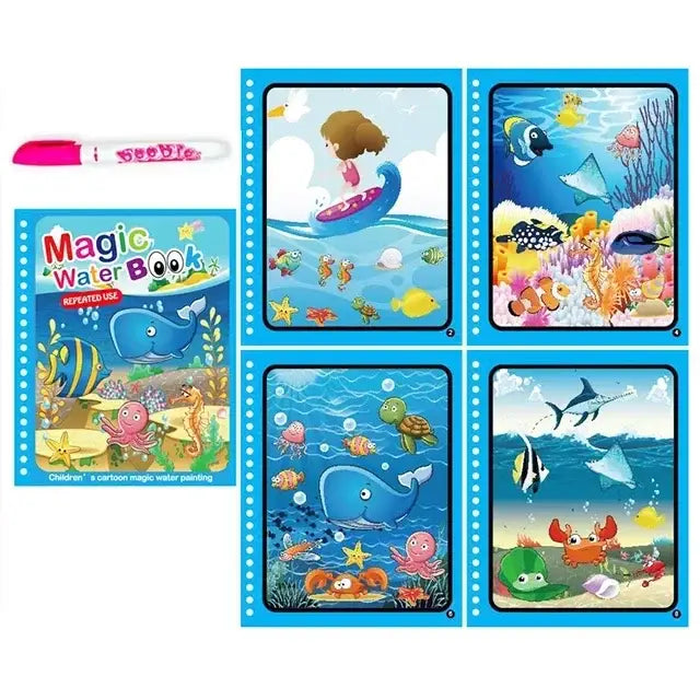Livre magique coloriage bleu avec coloriage à l’eau enfants et stylo à remplir rose avec créatures marines cartoon