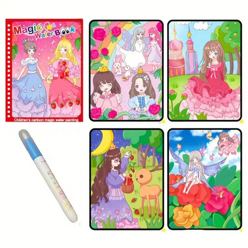 Livre magique coloriage pour enfants avec illustrations princesse et stylo à remplir bleu et blanc pour coloriage à l’eau