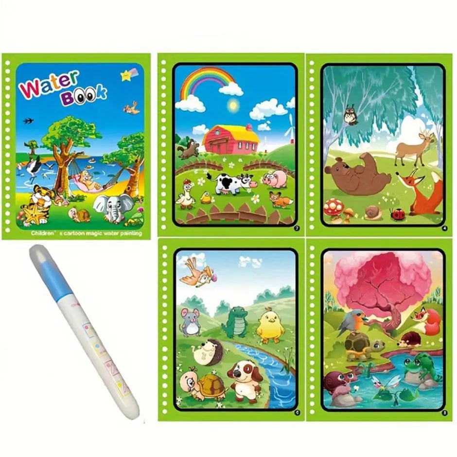 Livre magique coloriage pour enfants avec scenes animales colorees et stylo à remplir bleu et blanc pour coloriage à l’eau