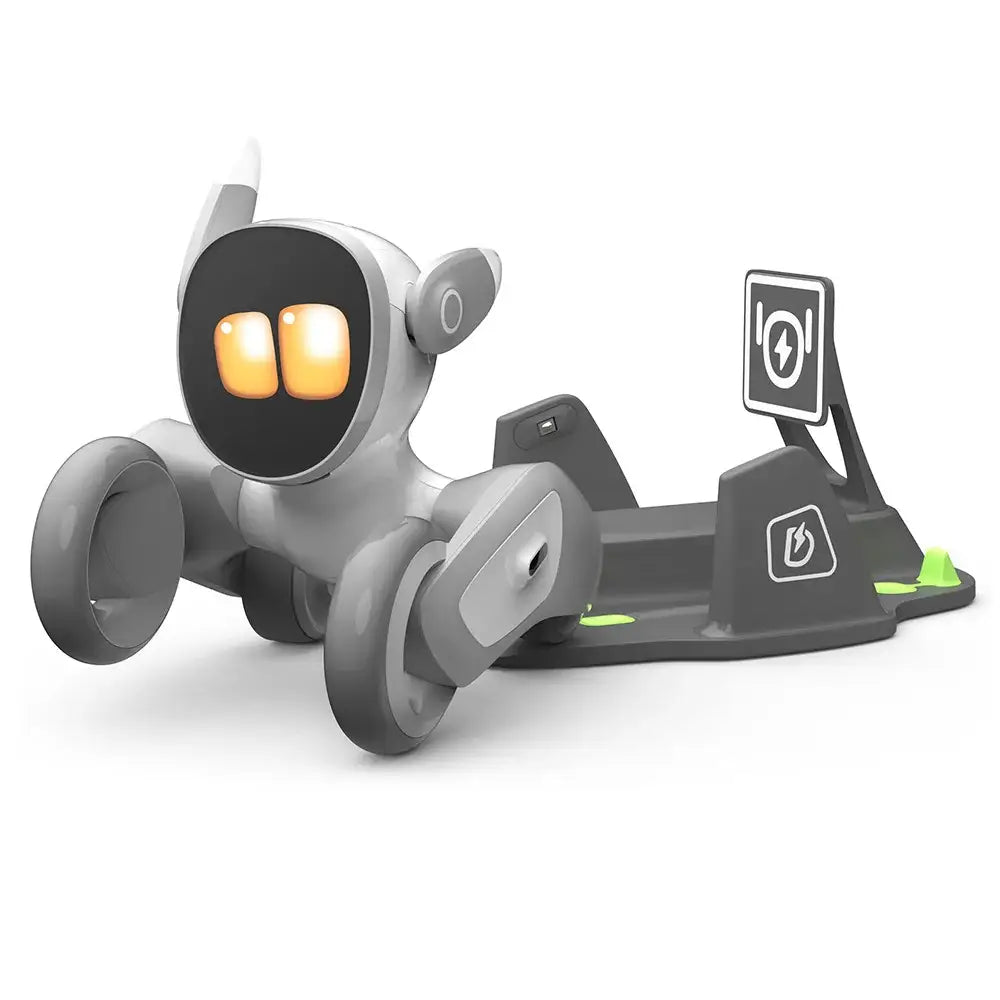 Loona robot intelligent domestique gris avec yeux orange lumineux et roues circulaires finition métallique élégante