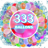 Lot de 333 ballons bombe à eau translucides multicolores disposés autour d’une étiquette centrale circulaire