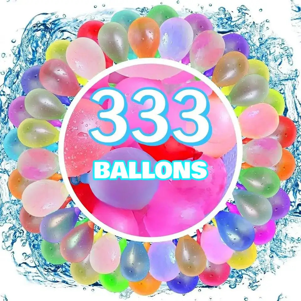 Lot de 333 ballons bombe à eau translucides multicolores disposés autour d’une étiquette centrale circulaire