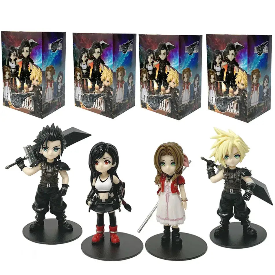 Figurines final fantasy en style chibi avec tenues noires et rouges métalliques lot 4 final fantasy vii rebirth incluant cloud