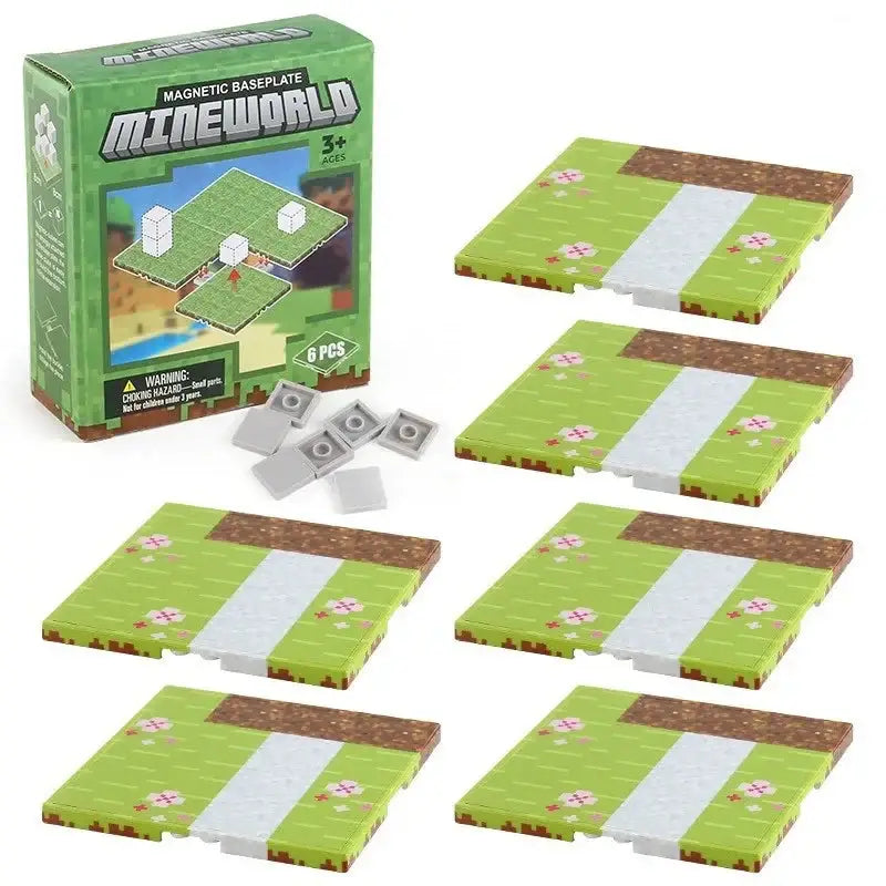 Lot 6 plaques magnétiques minecraft avec pièces puzzle vertes et brunes à base magnétique avec chemins blancs