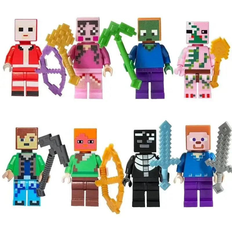 Lot 8 figurines lego minecraft en plastique avec steve alex et mobs colorés en tenue avec armes et design blocy