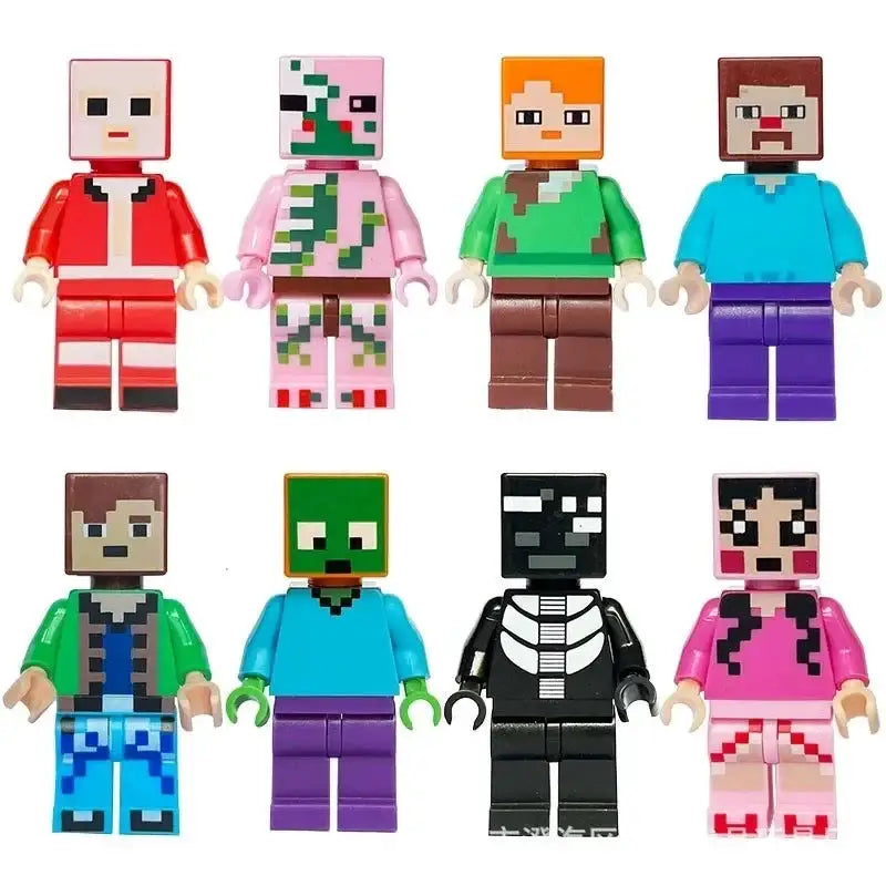 Lot 8 figurines lego minecraft avec 8 minifigurines pixelisées incluant steve, alex et mobs comme creeper, squelette, zombie