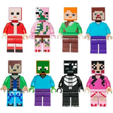 Lot 8 figurines lego minecraft avec 8 minifigurines pixelisées incluant steve, alex et mobs comme creeper, squelette, zombie