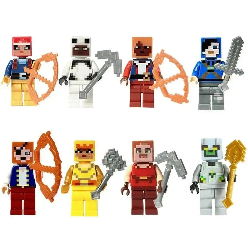 Lot 8 figurines lego minecraft avec huit minifigurines en plastique aux visages pixelisés et couleurs variées