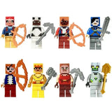 Lot 8 figurines lego minecraft avec huit minifigurines en plastique aux visages pixelisés et couleurs variées