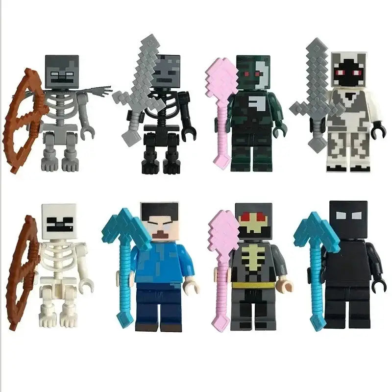 Lot 8 figurines lego minecraft avec minifigurines colorées en tenues variées incluant squelettes, joueur et figures armées