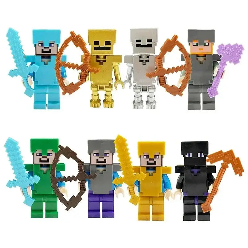 Lot 8 figurines lego minecraft avec dix figurines en plastique colorées dont steve alex et une armure dorée