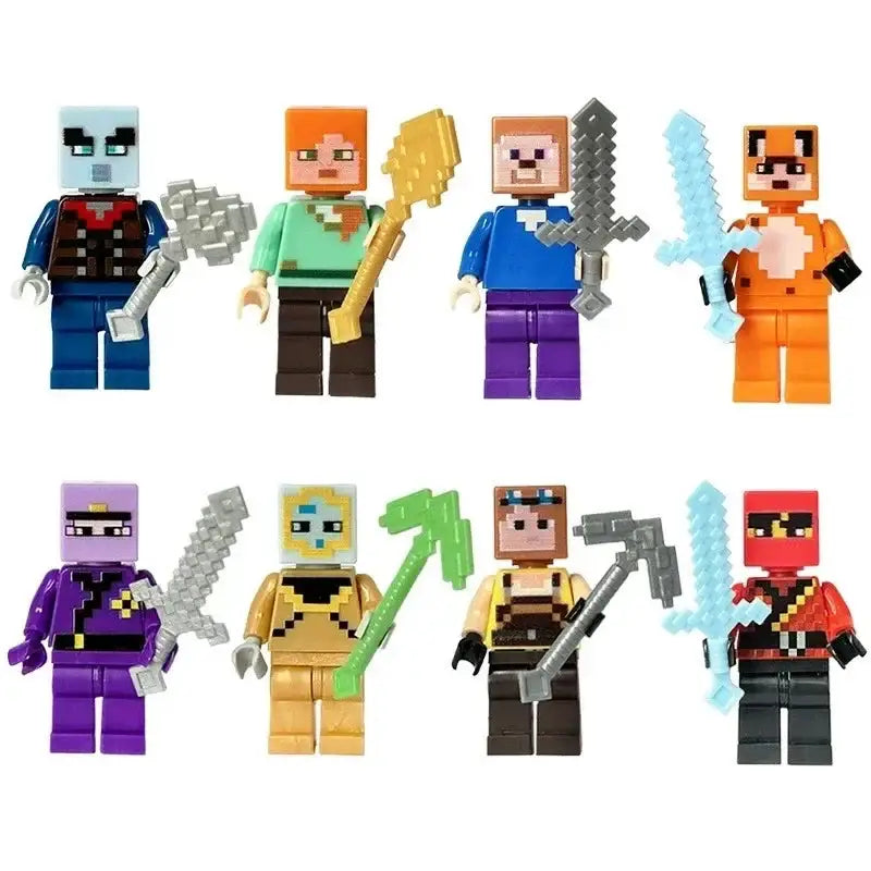 Lot 8 figurines lego minecraft colorées en style pixel art avec outils et armes pour jeu créatif