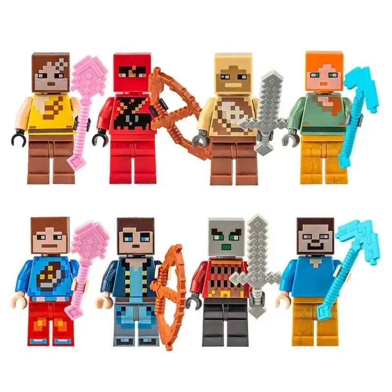 Lot 8 figurines lego minecraft avec huit minifigurines en designs pixelisés aux couleurs jaune rouge beige vert bleu orange gris et marron