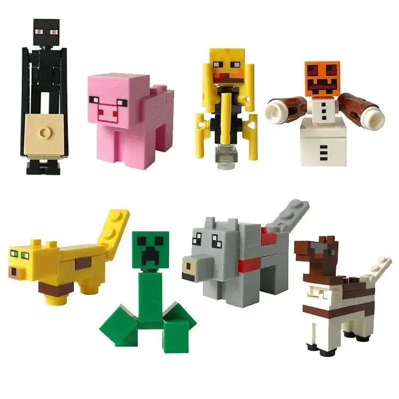 Lot 8 figurines lego minecraft comprenant huit personnages et animaux iconiques en design blocaire coloré