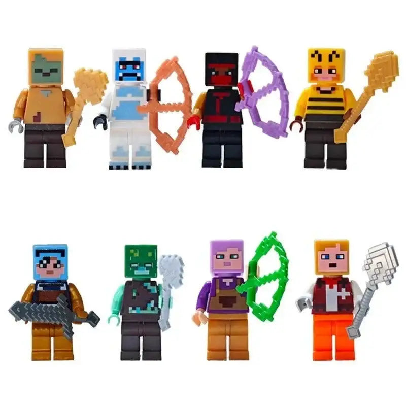 Lot 8 figurines lego minecraft comprenant huit personnages pixelisés aux couleurs variées avec armes distinctes