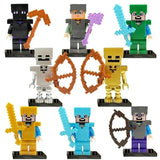 Lot 8 figurines lego minecraft en plastique avec huit personnages colorés et armes comme épées et arcs