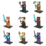 Lot 8 figurines lego minecraft en bloc dans diverses couleurs et tenues tenant des armes ou outils