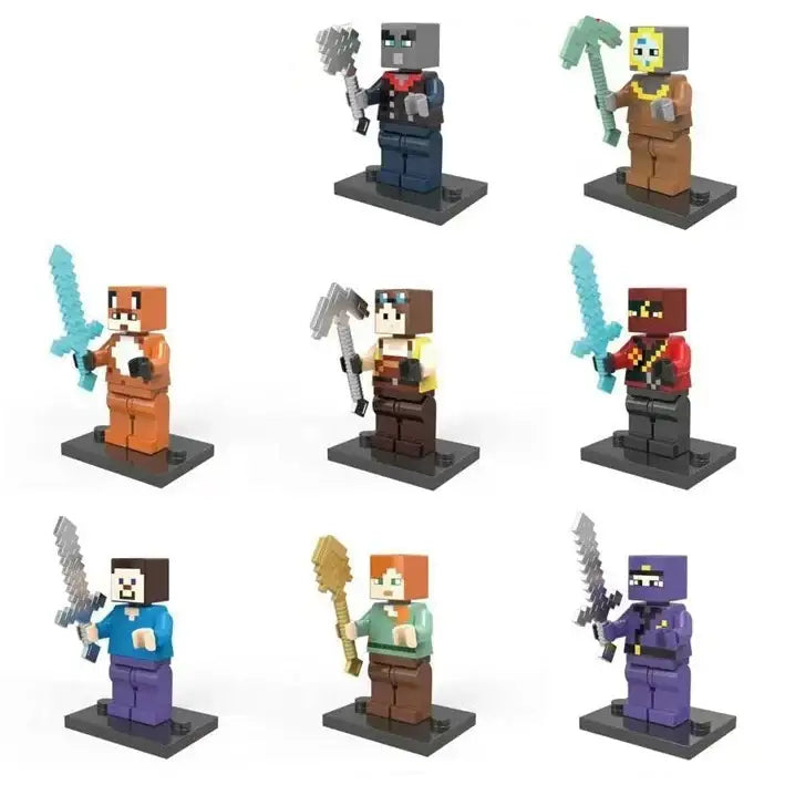 Lot 8 figurines lego minecraft en bloc dans diverses couleurs et tenues tenant des armes ou outils